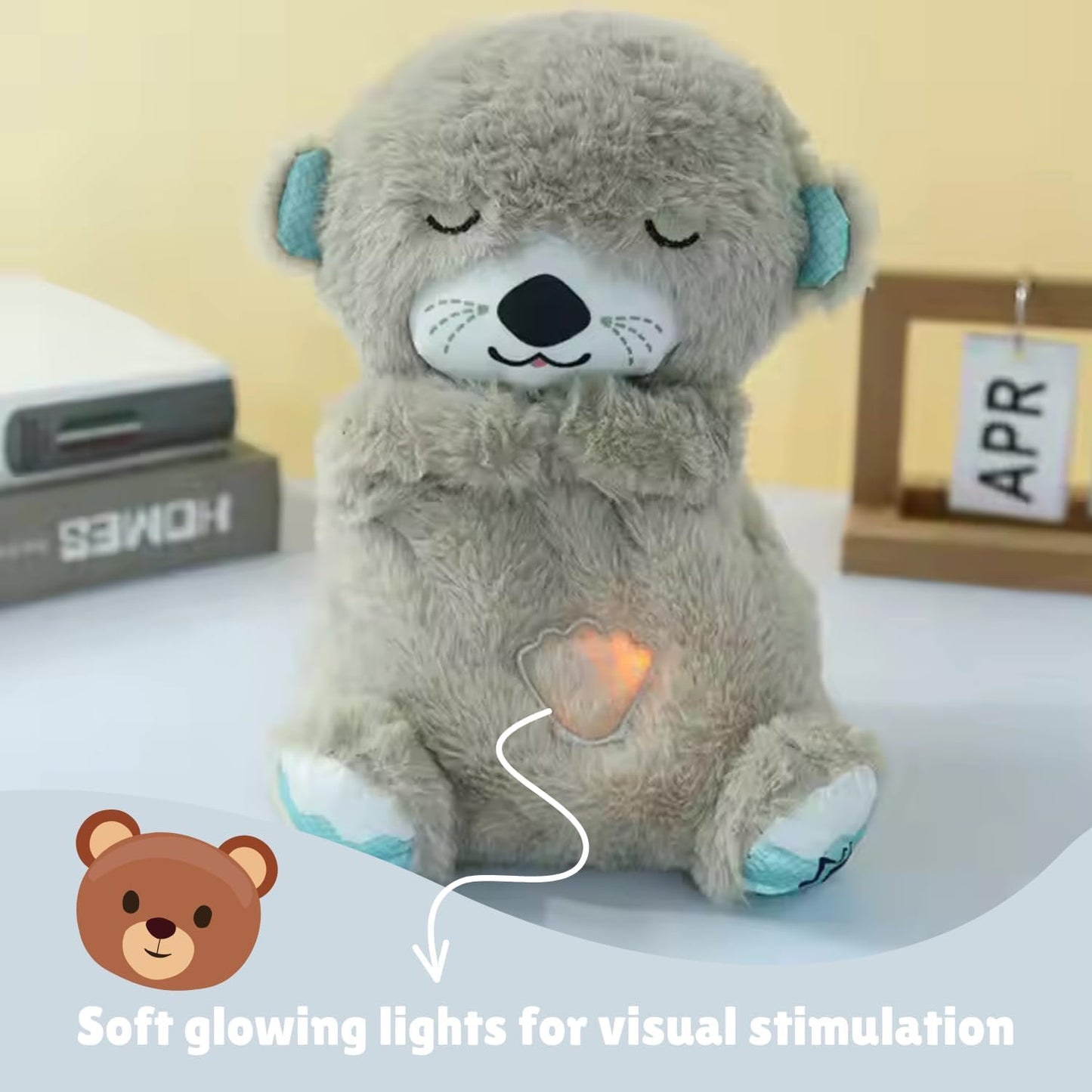 MOROVIK Breathing Teddy Otter Glowing Music for Baby Sensory Sleep Lights Rhythmic Simulation Plush for Babies Kids Soothing Sound and Décor Item Specialy for Valentine Gift (Grey)