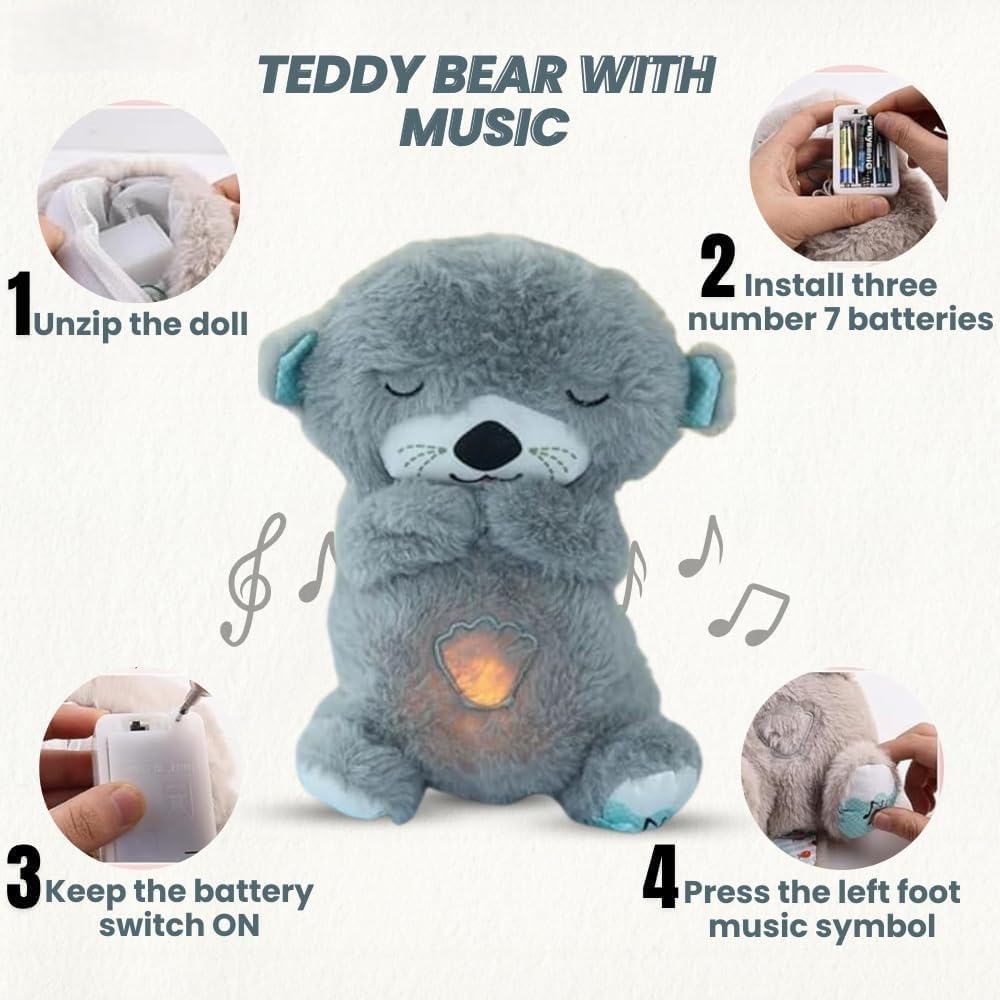 MOROVIK Breathing Teddy Otter Glowing Music for Baby Sensory Sleep Lights Rhythmic Simulation Plush for Babies Kids Soothing Sound and Décor Item Specialy for Valentine Gift (Grey)