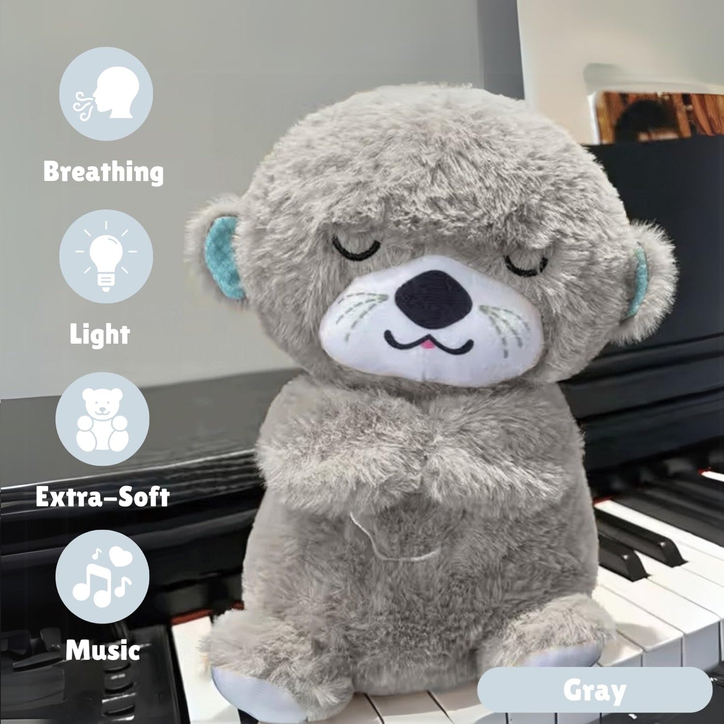 MOROVIK Breathing Teddy Otter Glowing Music for Baby Sensory Sleep Lights Rhythmic Simulation Plush for Babies Kids Soothing Sound and Décor Item Specialy for Valentine Gift (Grey)