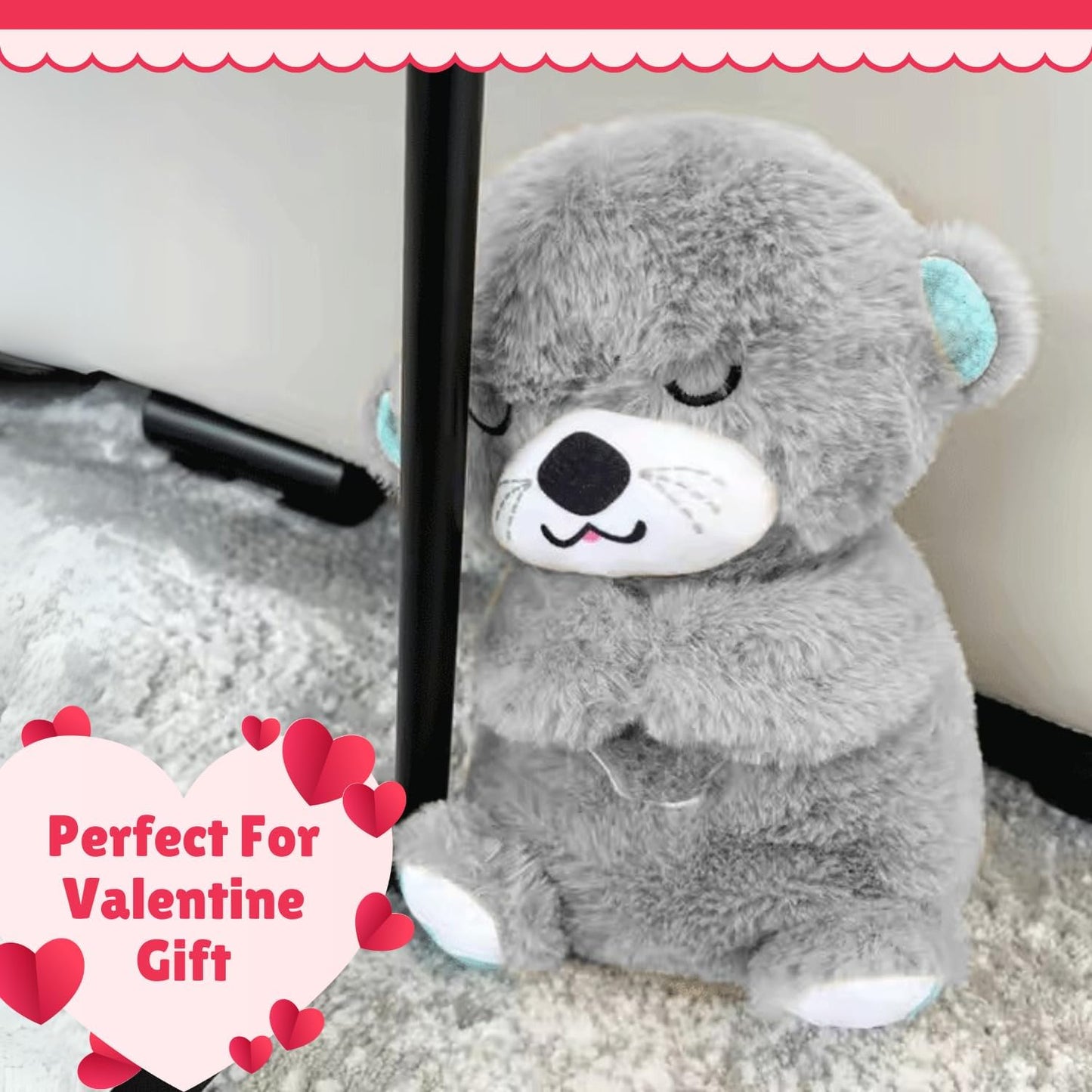 MOROVIK Breathing Teddy Otter Glowing Music for Baby Sensory Sleep Lights Rhythmic Simulation Plush for Babies Kids Soothing Sound and Décor Item Specialy for Valentine Gift (Grey)