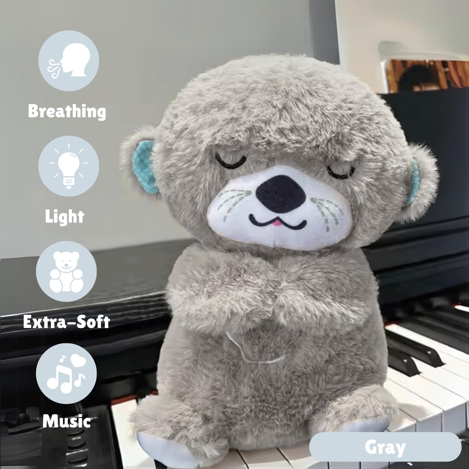 MOROVIK Breathing Teddy Otter Glowing Music for Baby Sensory Sleep Lights Rhythmic Simulation Plush for Babies Kids Soothing Sound and Décor Item Specialy for Valentine Gift (Grey)